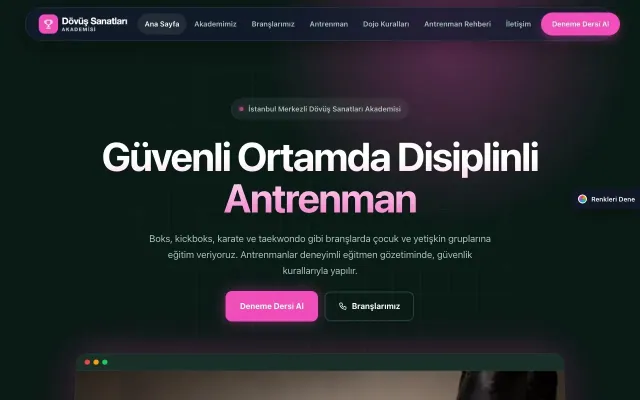 Dövüş Sanatları ve Spor Okulu için Koyu Modern Petrol Pembe – Dövüş Sanatları ve Spor Okulu Web Sitesi ana sayfa görünümü