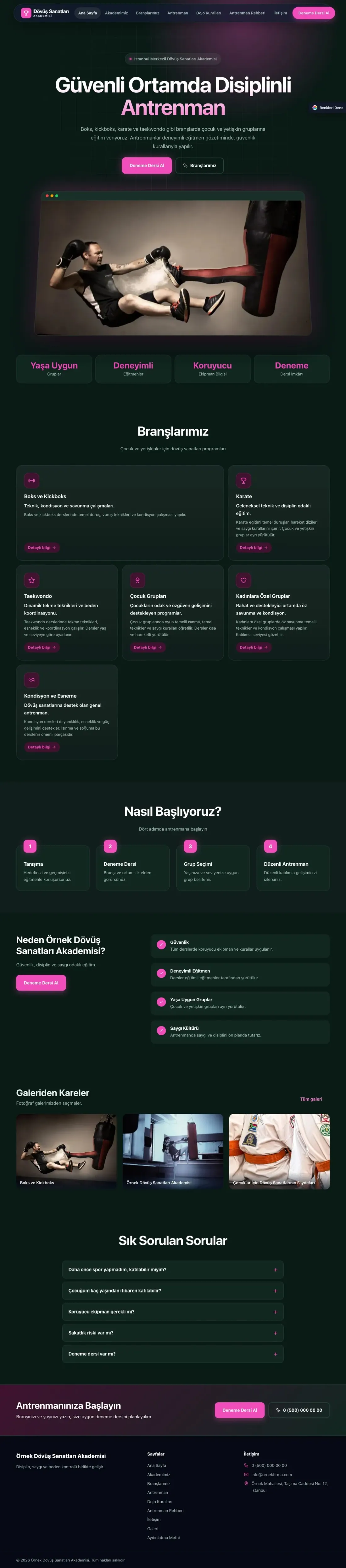 Dövüş Sanatları ve Spor Okulu için Koyu Modern Petrol Pembe – Dövüş Sanatları ve Spor Okulu Web Sitesi ana sayfa görünümü