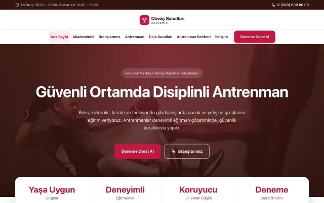 Merkez Bordo Kırmızı – Dövüş Sanatları ve Spor Okulu Web Sitesi ana sayfa görünümü