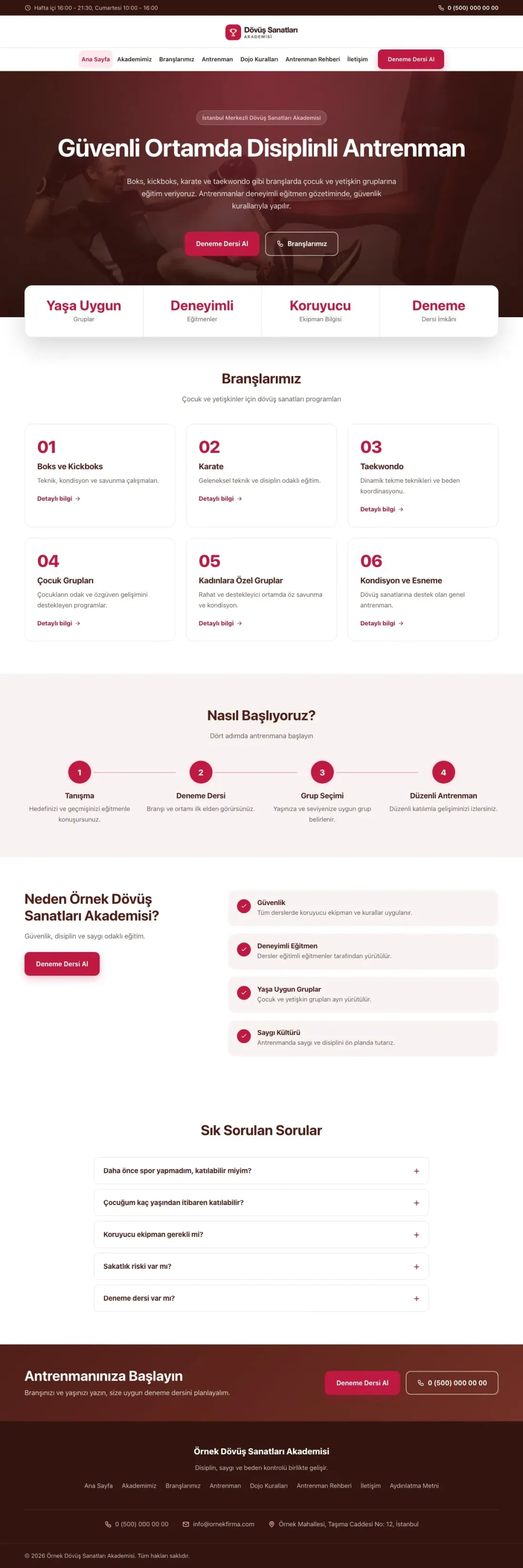 Merkez Bordo Kırmızı – Dövüş Sanatları ve Spor Okulu Web Sitesi ana sayfa görünümü