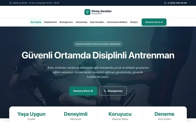 Merkez Mavi Turkuaz – Dövüş Sanatları ve Spor Okulu Web Sitesi ana sayfa görünümü