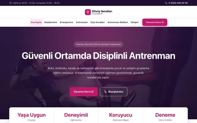 Merkez Mor Pembe – Dövüş Sanatları ve Spor Okulu Web Sitesi ana sayfa görünümü
