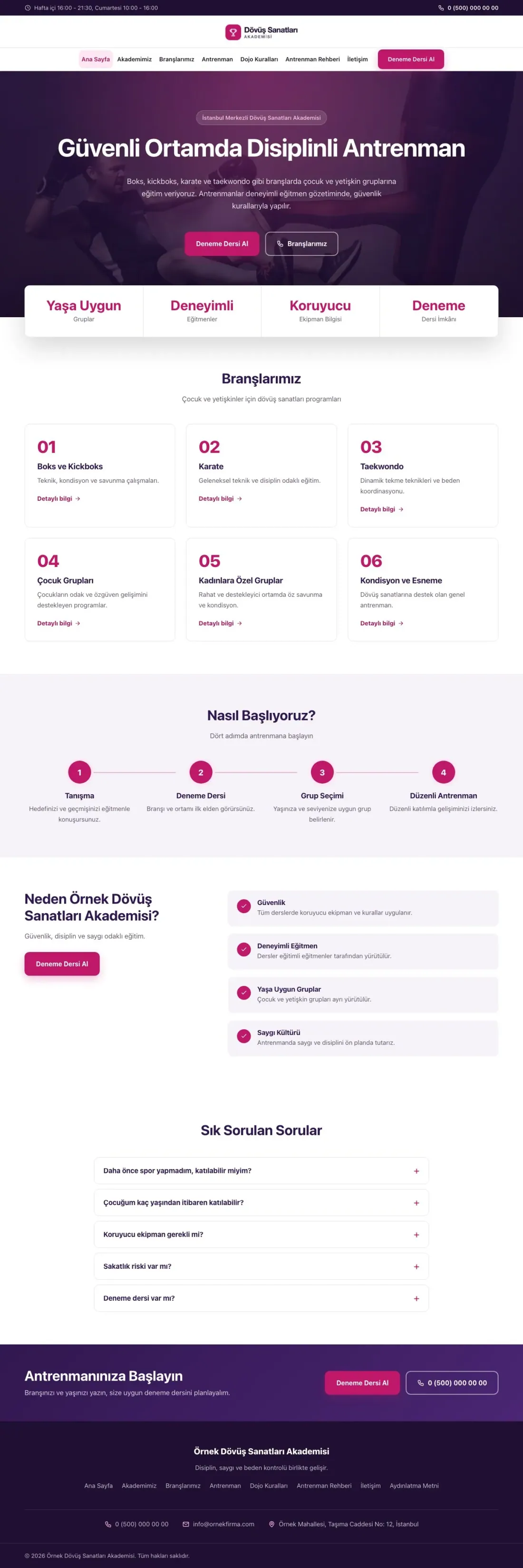 Merkez Mor Pembe – Dövüş Sanatları ve Spor Okulu Web Sitesi ana sayfa görünümü