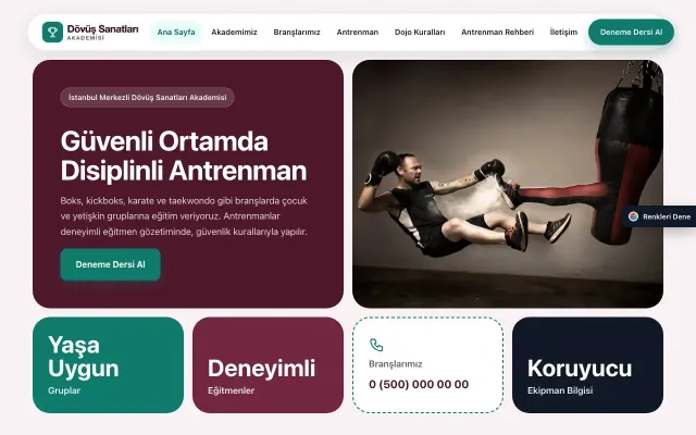 Dövüş Sanatları ve Spor Okulu için Mozaik Bordo Turkuaz – Dövüş Sanatları ve Spor Okulu Web Sitesi ana sayfa görünümü