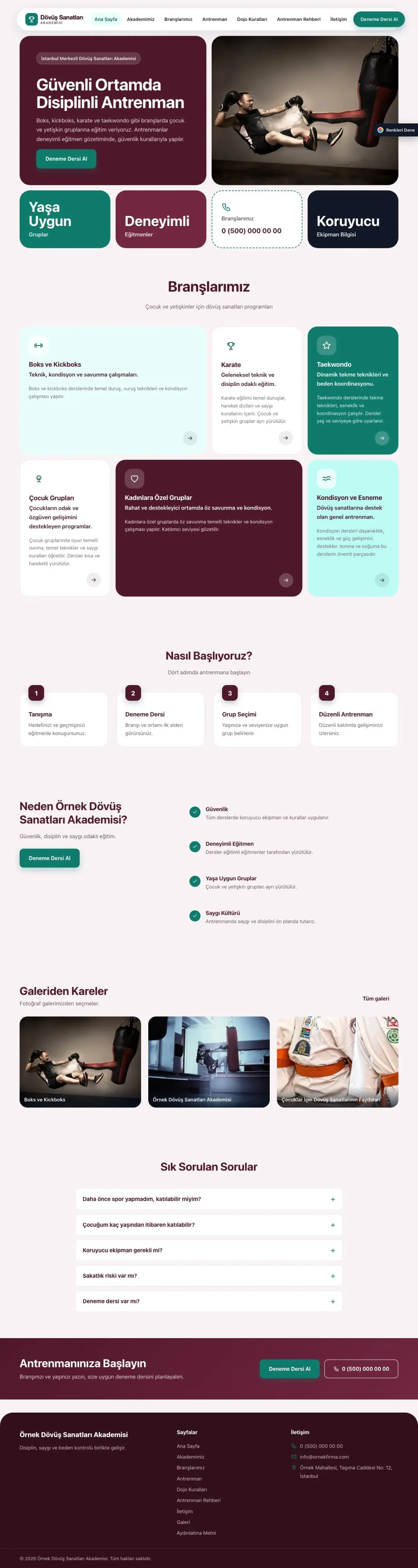 Dövüş Sanatları ve Spor Okulu için Mozaik Bordo Turkuaz – Dövüş Sanatları ve Spor Okulu Web Sitesi ana sayfa görünümü