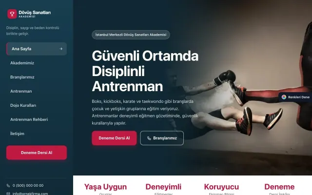 Dövüş Sanatları ve Spor Okulu için Sol Menü Mavi Kırmızı – Dövüş Sanatları ve Spor Okulu Web Sitesi ana sayfa görünümü