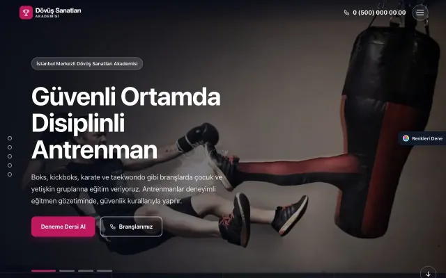 Dövüş Sanatları ve Spor Okulu için Tam Ekran Bordo Pembe – Dövüş Sanatları ve Spor Okulu Web Sitesi ana sayfa görünümü