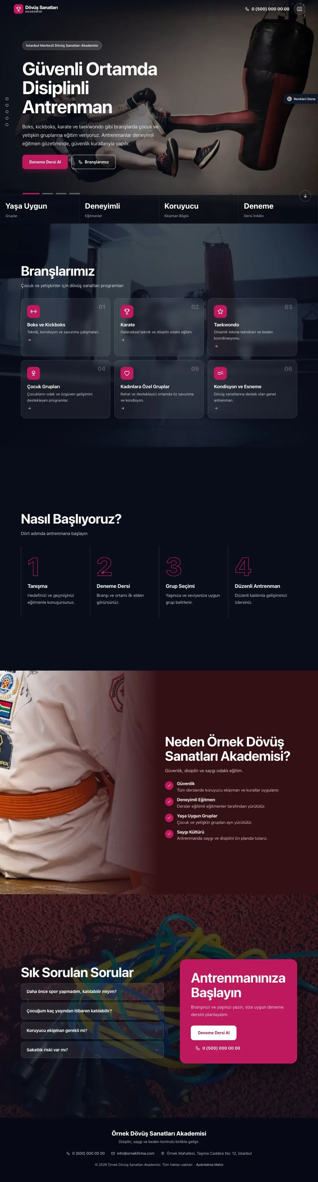 Dövüş Sanatları ve Spor Okulu için Tam Ekran Bordo Pembe – Dövüş Sanatları ve Spor Okulu Web Sitesi ana sayfa görünümü