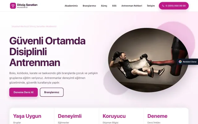 Dövüş Sanatları ve Spor Okulu için Tek Sayfa Erik Pembe – Dövüş Sanatları ve Spor Okulu Web Sitesi ana sayfa görünümü