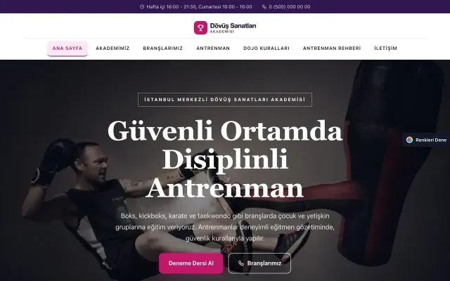 Dövüş Sanatları ve Spor Okulu için Zigzag Mor Pembe – Dövüş Sanatları ve Spor Okulu Web Sitesi ana sayfa görünümü