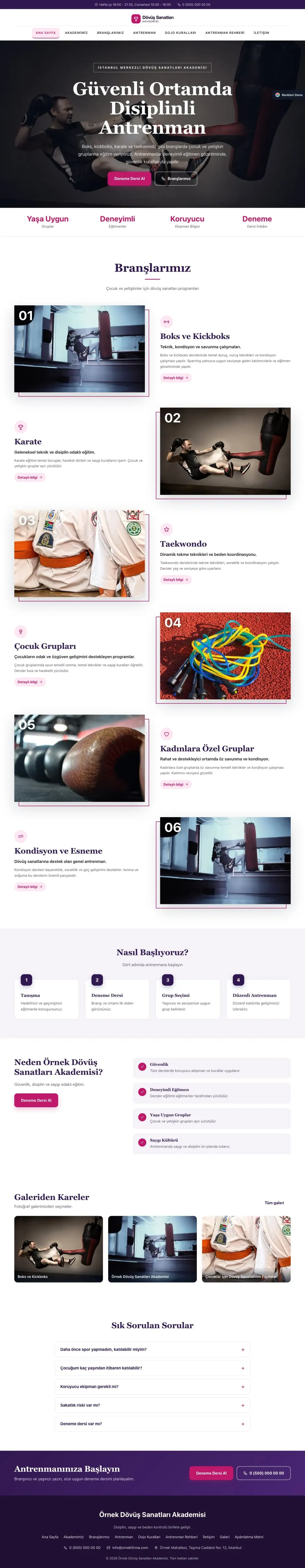 Dövüş Sanatları ve Spor Okulu için Zigzag Mor Pembe – Dövüş Sanatları ve Spor Okulu Web Sitesi ana sayfa görünümü