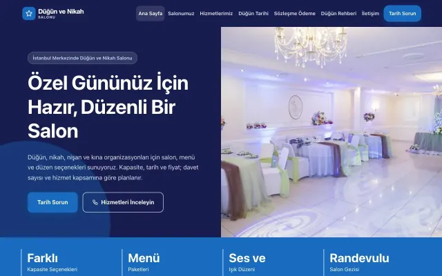 Düğün ve Nikah Salonu için Blok Lacivert Mavi – Düğün ve Nikah Salonu Web Sitesi ana sayfa görünümü