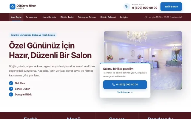 Düğün ve Nikah Salonu için Bölünmüş Bordo Mavi – Düğün ve Nikah Salonu Web Sitesi ana sayfa görünümü