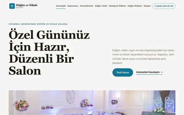 Düğün ve Nikah Salonu için Dergi Editoryal Kahve Turkuaz – Düğün ve Nikah Salonu Web Sitesi ana sayfa görünümü