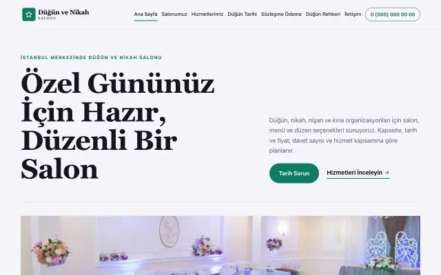 Düğün ve Nikah Salonu için Dergi Editoryal Mor Turkuaz – Düğün ve Nikah Salonu Web Sitesi ana sayfa görünümü