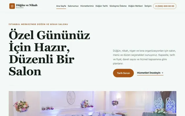 Düğün ve Nikah Salonu için Dergi Editoryal Yeşil Turuncu – Düğün ve Nikah Salonu Web Sitesi ana sayfa görünümü