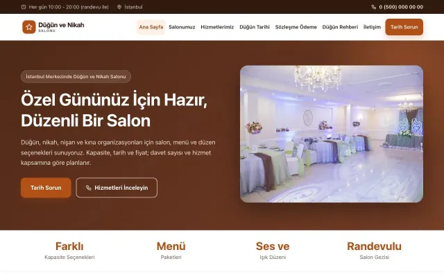 Düğün ve Nikah Salonu için Klasik Kahve Turuncu – Düğün ve Nikah Salonu Web Sitesi ana sayfa görünümü
