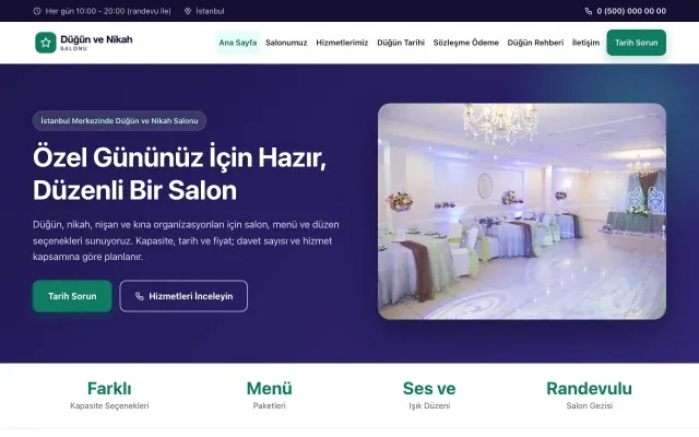 Düğün ve Nikah Salonu için Klasik Lacivert Turkuaz – Düğün ve Nikah Salonu Web Sitesi ana sayfa görünümü
