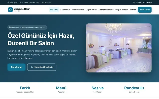 Düğün ve Nikah Salonu için Klasik Mavi Turkuaz – Düğün ve Nikah Salonu Web Sitesi ana sayfa görünümü