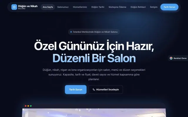 Düğün ve Nikah Salonu için Koyu Modern Lacivert Mavi – Düğün ve Nikah Salonu Web Sitesi ana sayfa görünümü