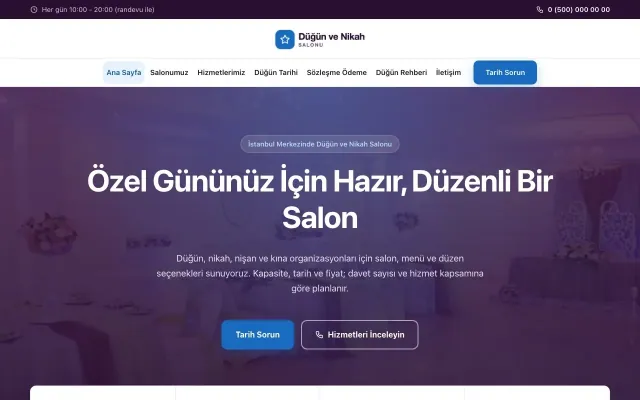Düğün ve Nikah Salonu için Merkez Mor Mavi – Düğün ve Nikah Salonu Web Sitesi ana sayfa görünümü