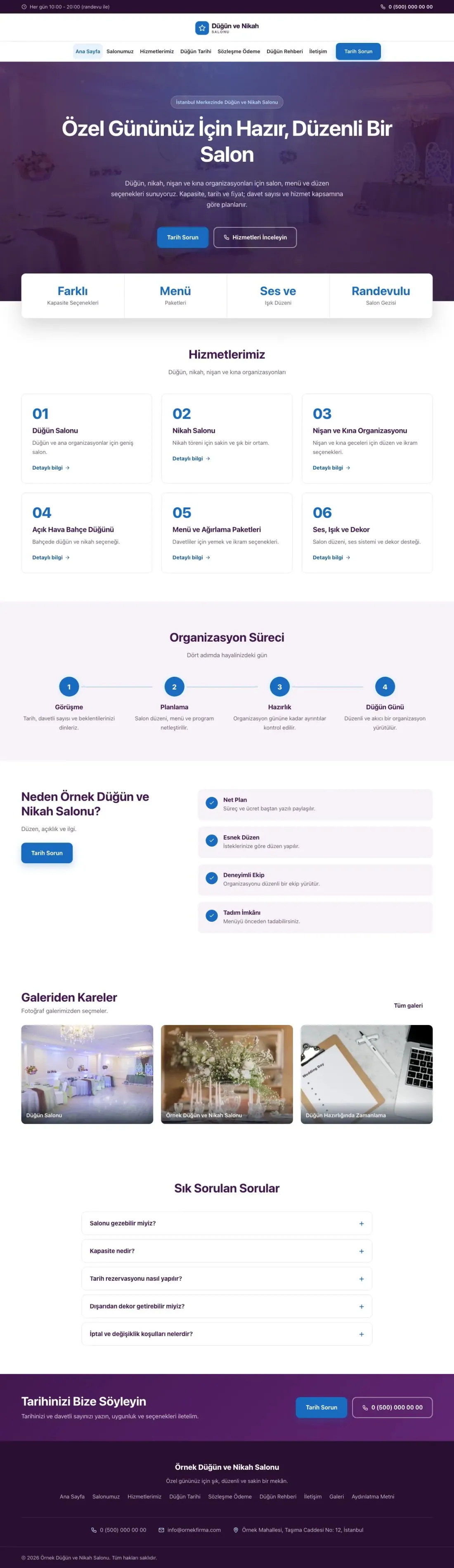 Düğün ve Nikah Salonu için Merkez Mor Mavi – Düğün ve Nikah Salonu Web Sitesi ana sayfa görünümü