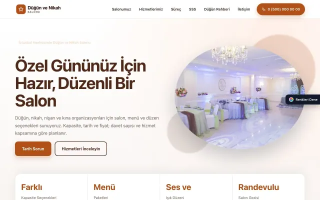 Düğün ve Nikah Salonu için Tek Sayfa Kahve Turuncu – Düğün ve Nikah Salonu Web Sitesi ana sayfa görünümü