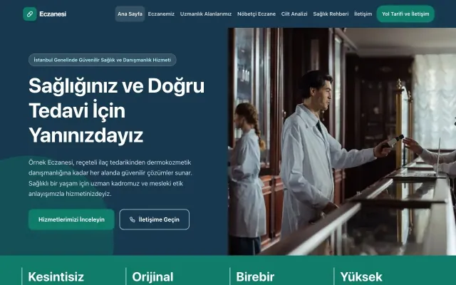 Blok Mavi Turkuaz – Eczane Web Sitesi ana sayfa görünümü