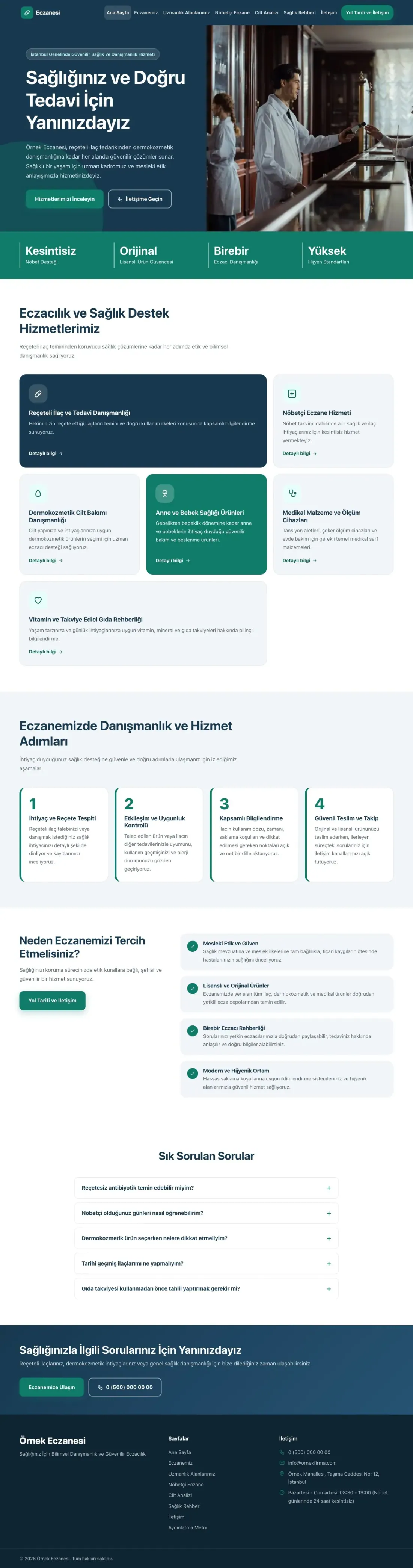 Blok Mavi Turkuaz – Eczane Web Sitesi ana sayfa görünümü
