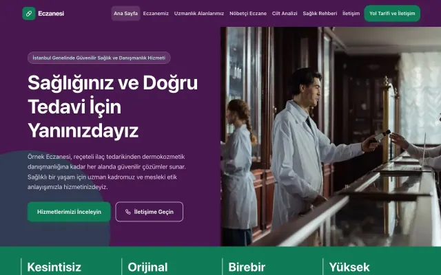 Blok Mor Turkuaz – Eczane Web Sitesi ana sayfa görünümü