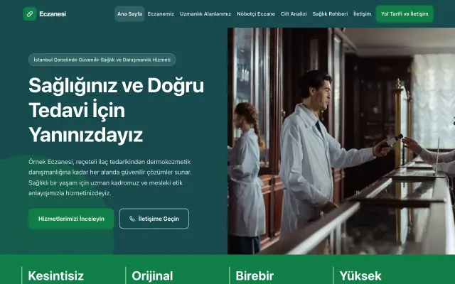 Blok Petrol Yeşil – Eczane Web Sitesi ana sayfa görünümü