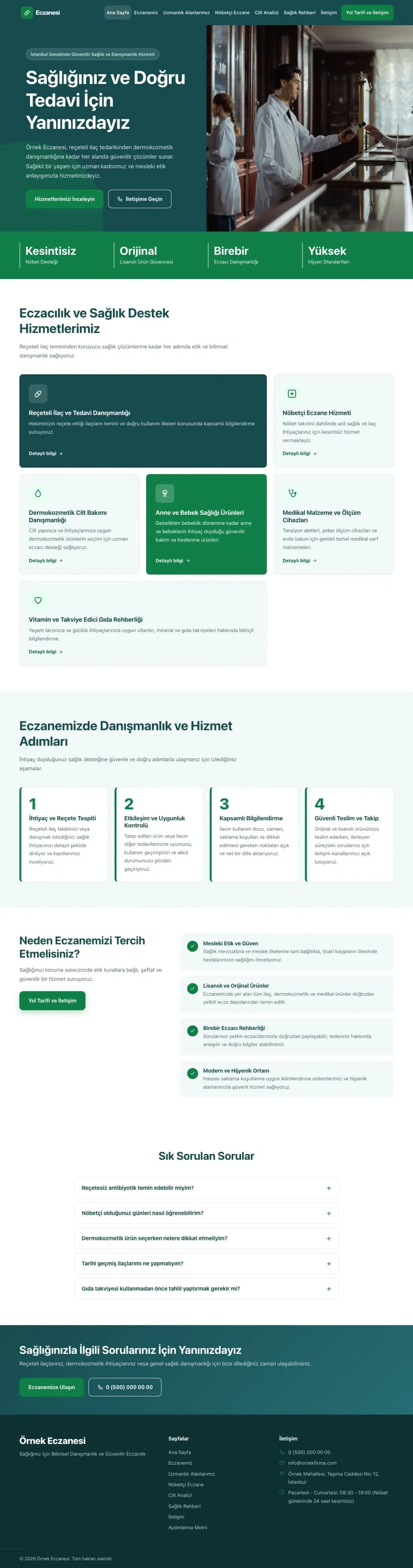 Blok Petrol Yeşil – Eczane Web Sitesi ana sayfa görünümü