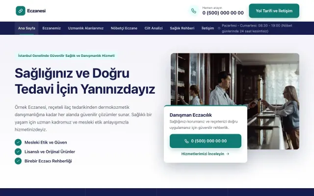 Bölünmüş Lacivert Turkuaz – Eczane Web Sitesi ana sayfa görünümü