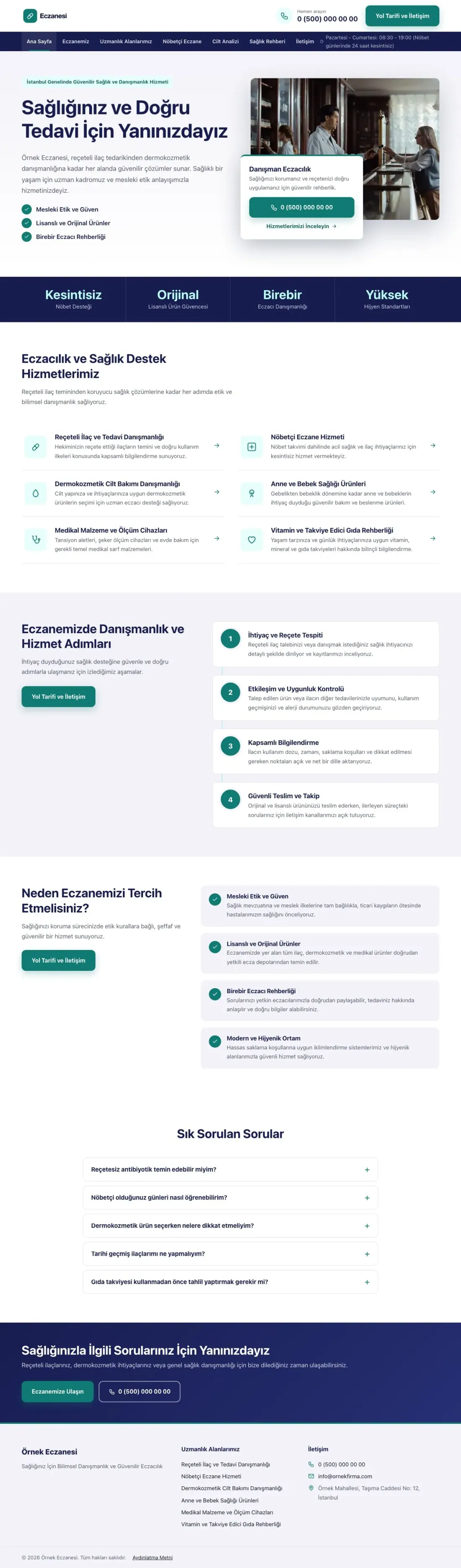 Bölünmüş Lacivert Turkuaz – Eczane Web Sitesi ana sayfa görünümü