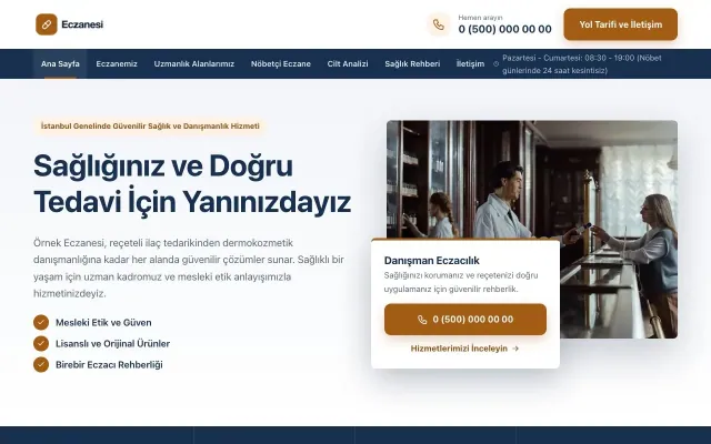 Bölünmüş Mavi Turuncu – Eczane Web Sitesi ana sayfa görünümü
