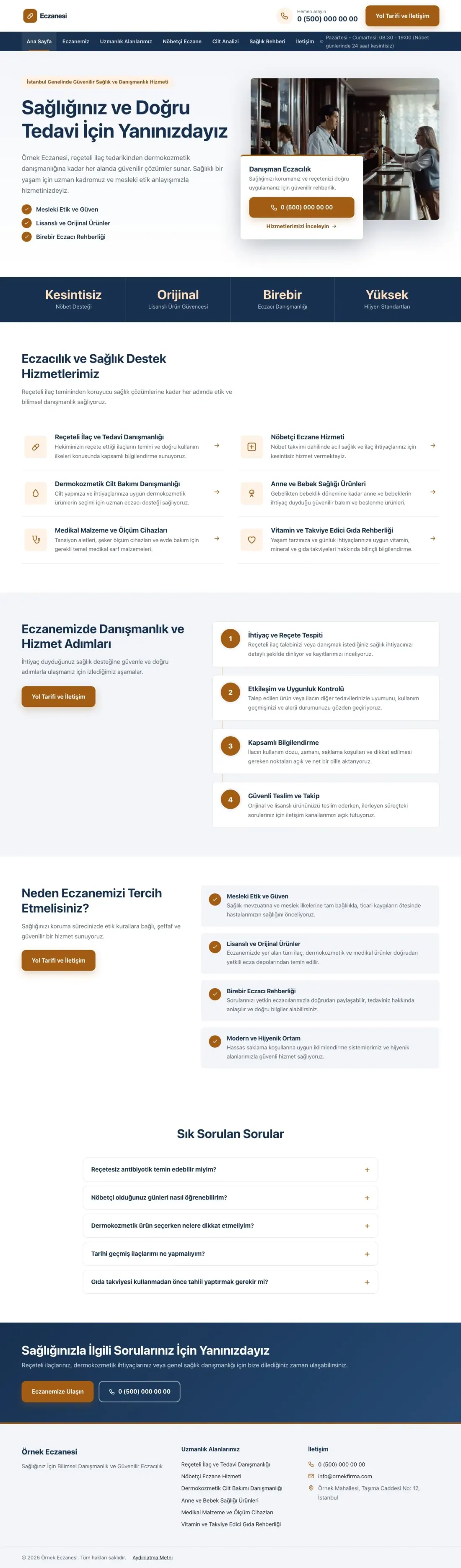 Bölünmüş Mavi Turuncu – Eczane Web Sitesi ana sayfa görünümü