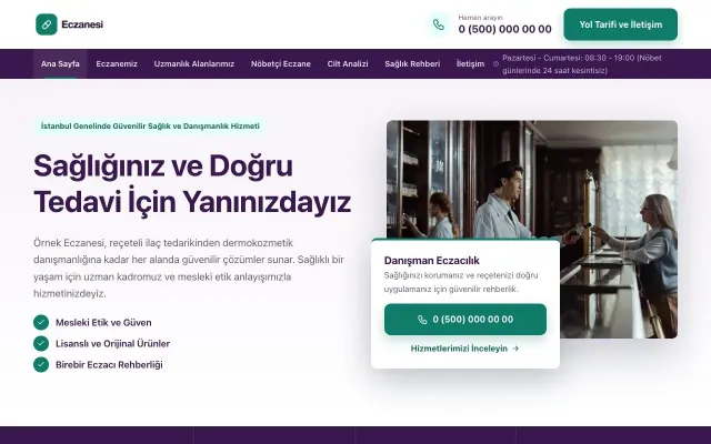 Bölünmüş Mor Turkuaz – Eczane Web Sitesi ana sayfa görünümü