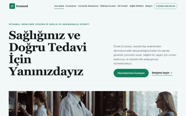 Editoryal Mavi Turkuaz – Eczane Web Sitesi ana sayfa görünümü