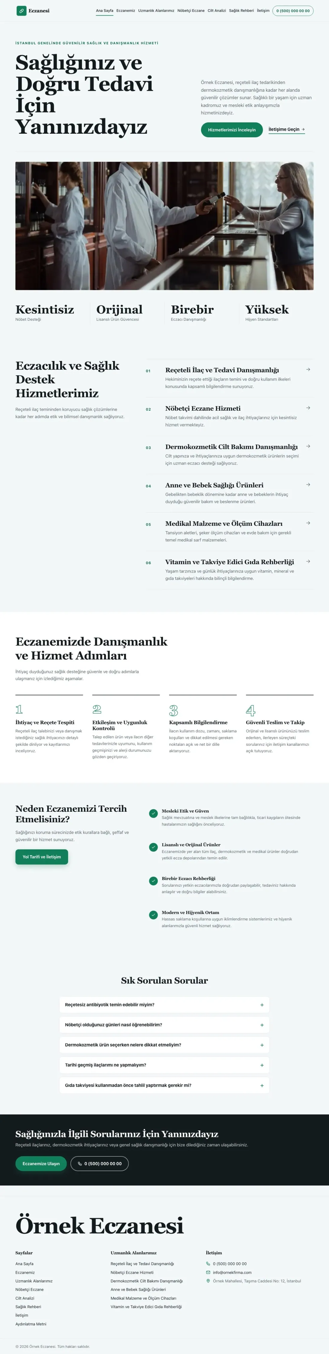 Editoryal Mavi Turkuaz – Eczane Web Sitesi ana sayfa görünümü