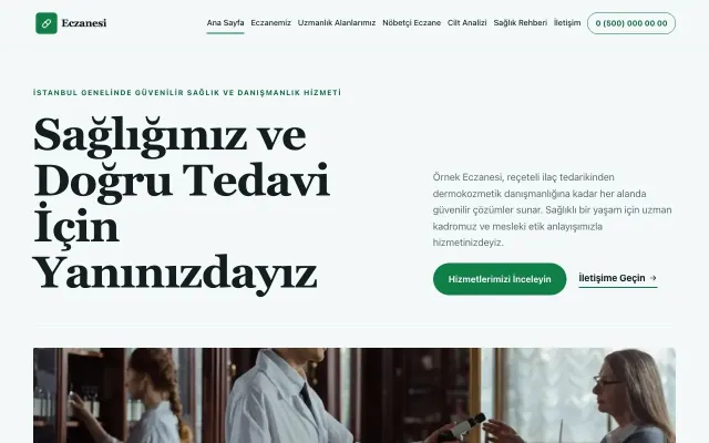 Editoryal Petrol Yeşil – Eczane Web Sitesi ana sayfa görünümü