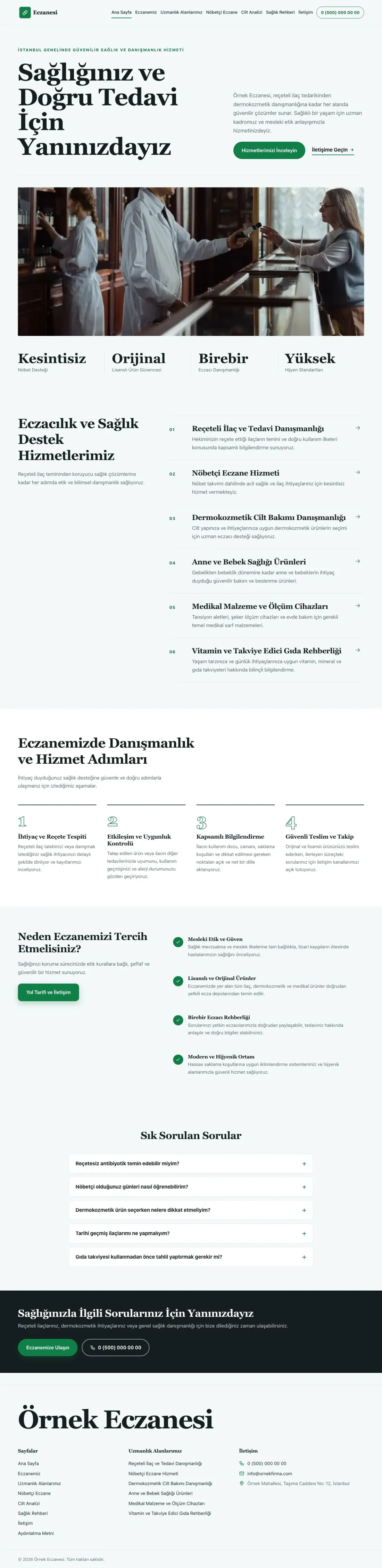 Editoryal Petrol Yeşil – Eczane Web Sitesi ana sayfa görünümü