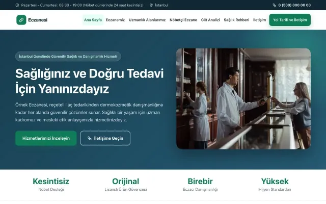 Klasik Mavi Turkuaz – Eczane Web Sitesi ana sayfa görünümü