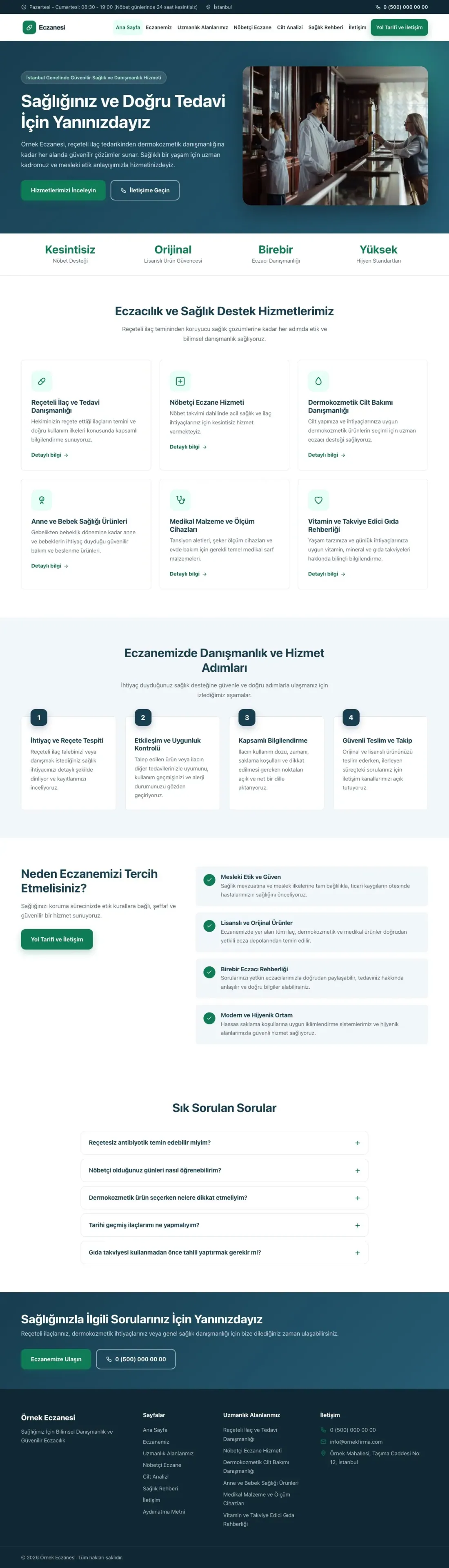 Klasik Mavi Turkuaz – Eczane Web Sitesi ana sayfa görünümü