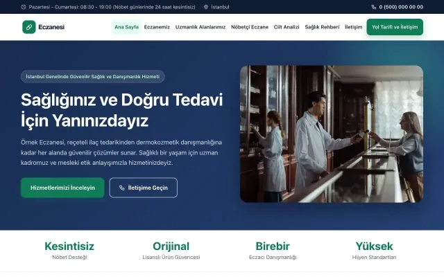 Klasik Mavi Turkuaz II – Eczane Web Sitesi ana sayfa görünümü