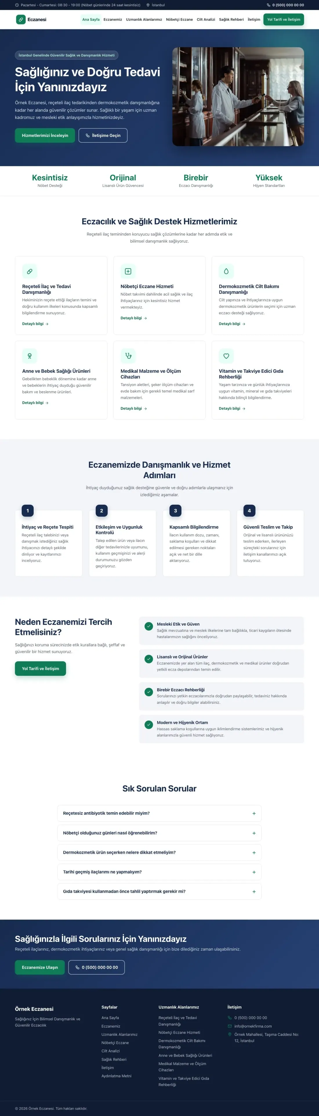 Klasik Mavi Turkuaz II – Eczane Web Sitesi ana sayfa görünümü