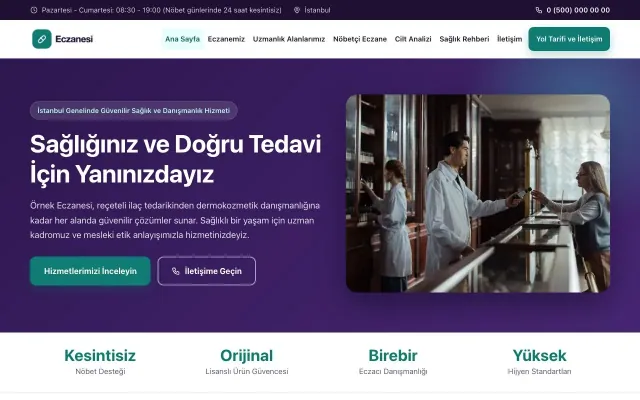 Klasik Mor Turkuaz – Eczane Web Sitesi ana sayfa görünümü