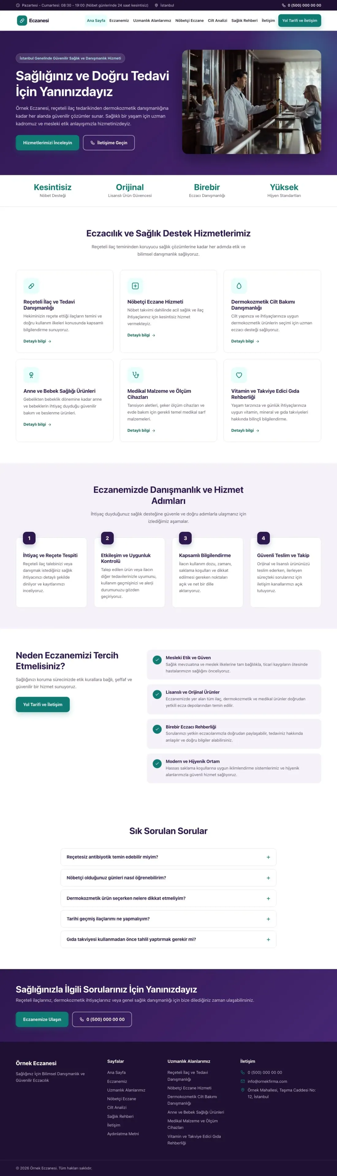 Klasik Mor Turkuaz – Eczane Web Sitesi ana sayfa görünümü