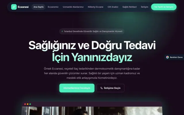 Eczane için Koyu Modern Mor Turkuaz – Eczane Web Sitesi ana sayfa görünümü