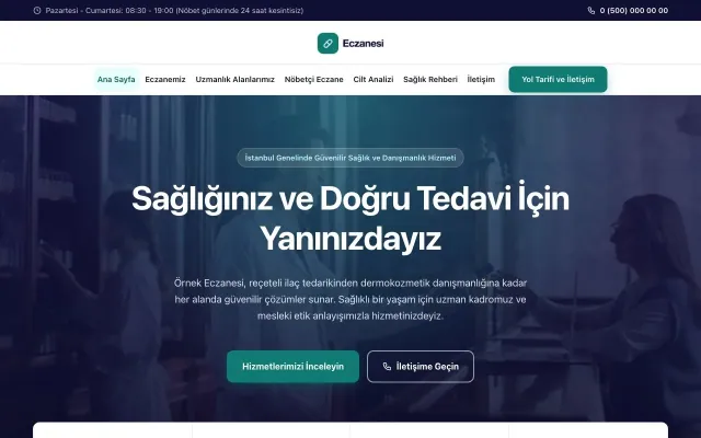 Merkez Lacivert Turkuaz – Eczane Web Sitesi ana sayfa görünümü