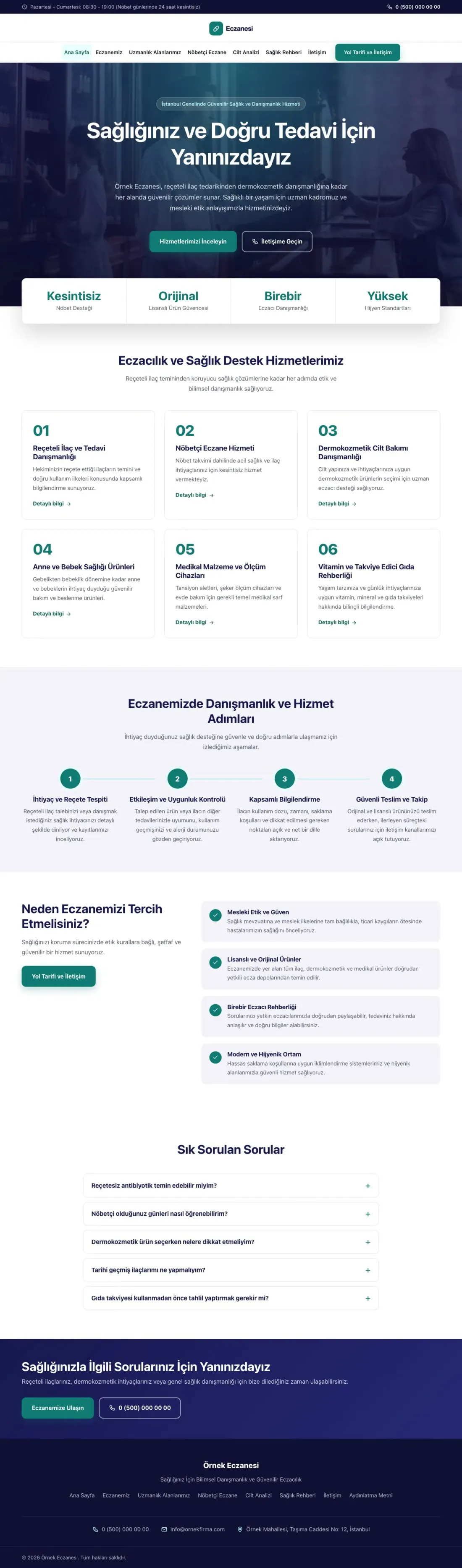 Merkez Lacivert Turkuaz – Eczane Web Sitesi ana sayfa görünümü